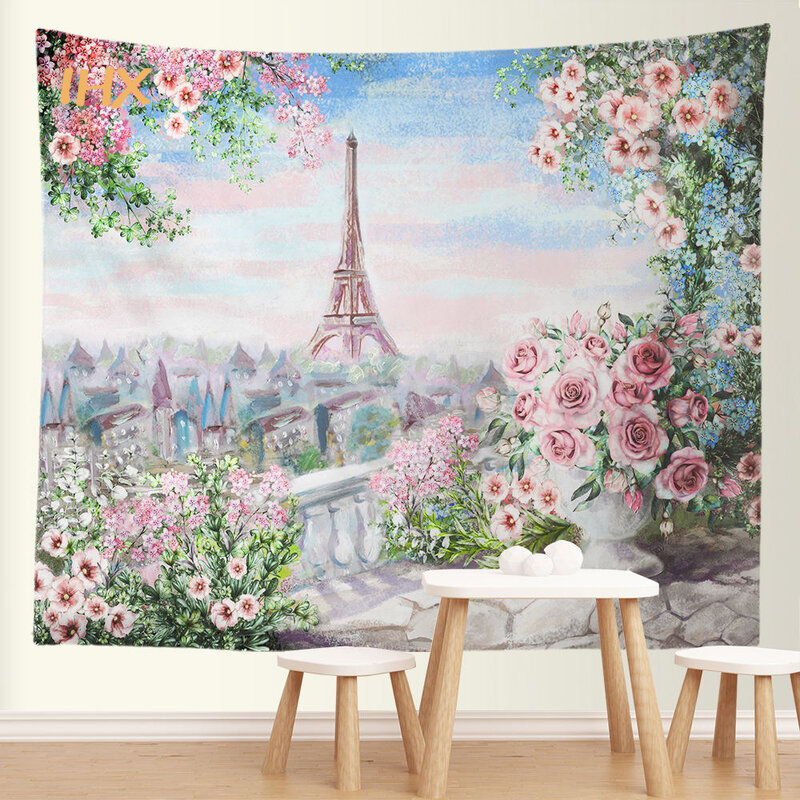파리 에펠 탑 핑크 벽 태피스트리 방 장식, 유화 예술 소녀 태피스트리 벽걸이, 미적 침실 장식, 홈