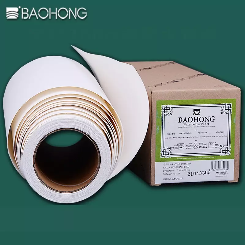 BAOHONG akwarelowy rolka papieru 140lb 300g 27cm x 10m/37cm x 10m 100% bawełniany papier artystyczny akademicki do akwarelowego gwaszu akrylowego