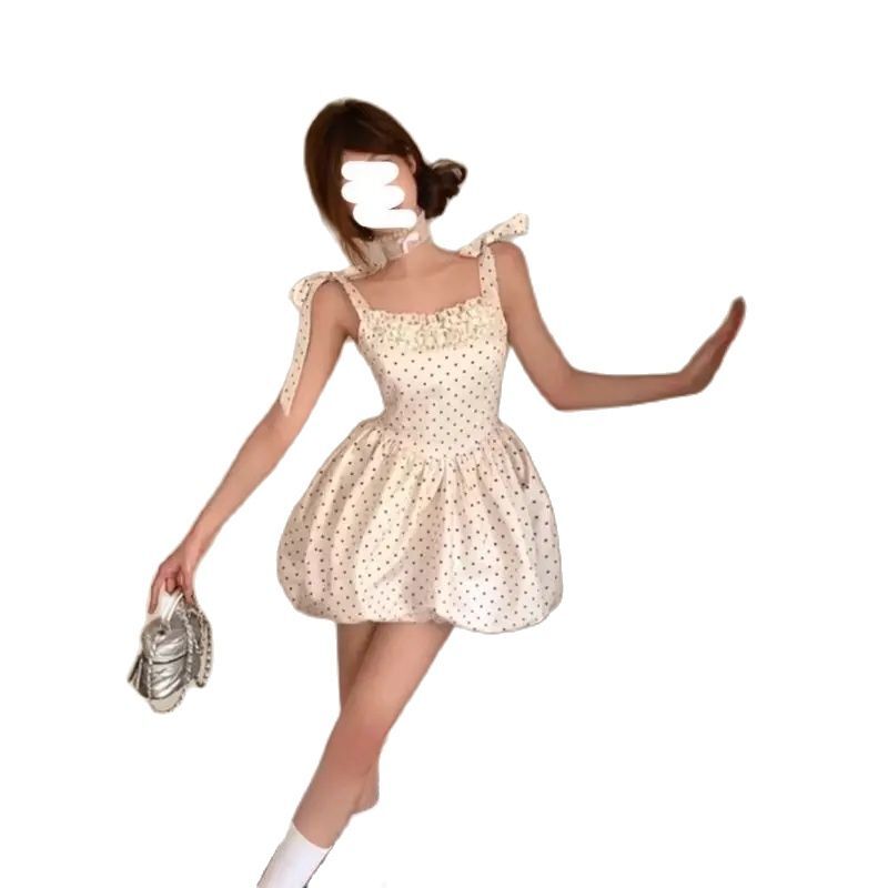 Kawaii słodki kwadratowy kołnierzyk sukienka w kropki damska wiosna czysta seksowna Polka Dot koronkowa sukienka pąkowa modne ubrania damskie
