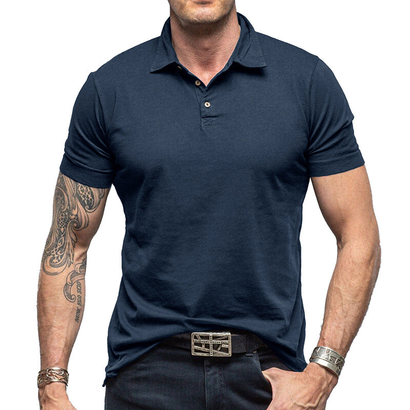 Мужская Летняя Однотонная футболка с отложным воротником и коротким рукавом