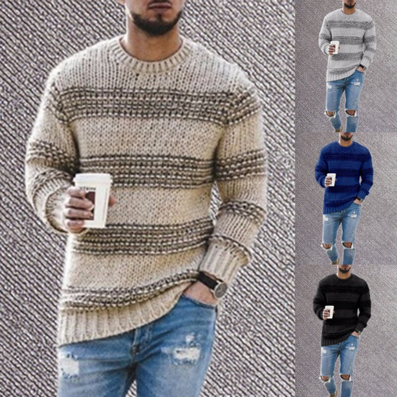 Pulôver masculino de manga comprida com gola em O, suéter solto, top grosso de malha monocromático, moda outono e inverno