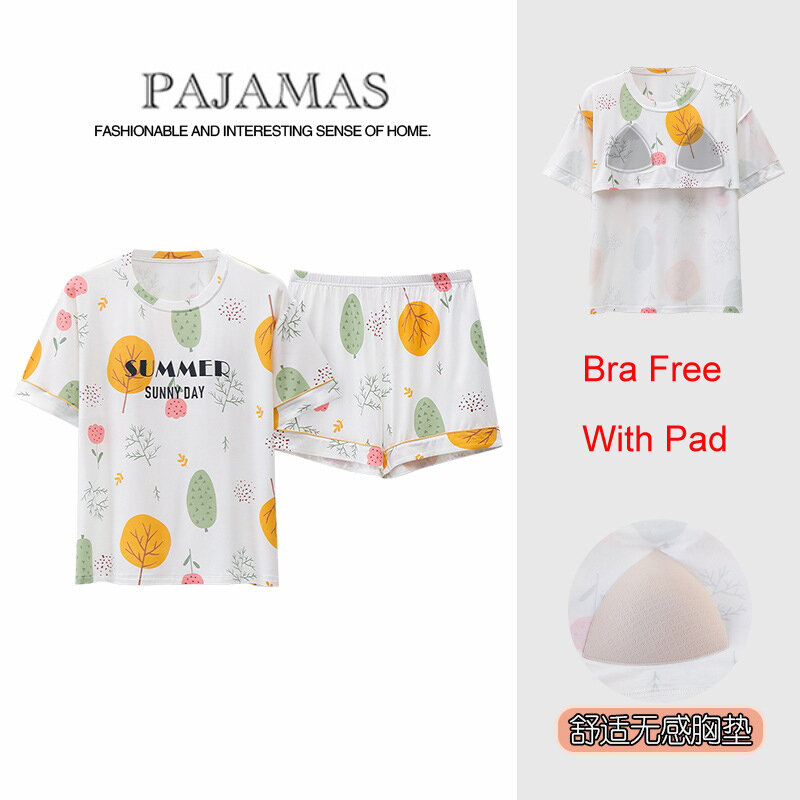 Ladies Wear Home Pajamas Set Modal Nightwear with Bra Pad Women's Pijama Korean Fashion Sleepwear with Bra Pad Loungewear