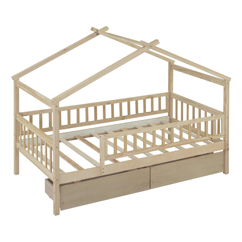 Twin Size Wooden House Bed with Two Drawers