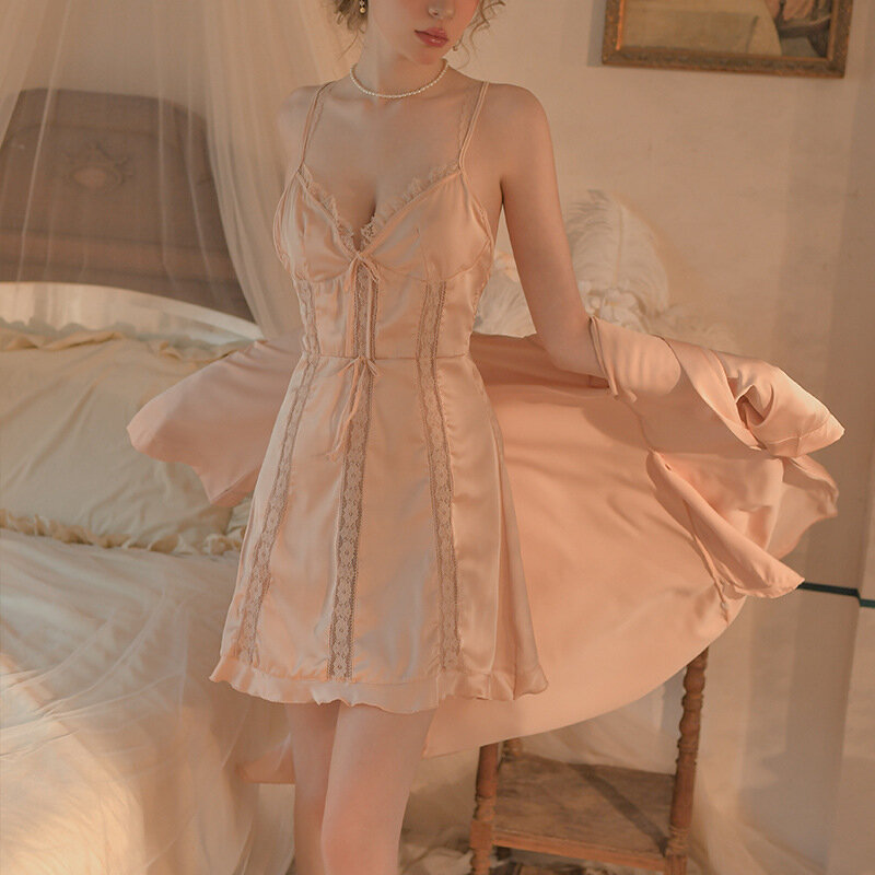 Bride Nighty&Robe Set Summer Bathrobe Suit Lace Nightgown Lingerie Satin Home Dress Female Sleepwear Komono Gown Loungewear