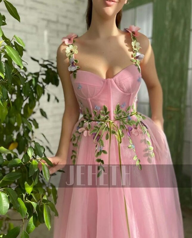 JEHETH-Pink Tulle A-Line Prom Vestidos, Querida-Neck, Flores Apliques, Chá de comprimento, Festa Vestido de Noite Formal