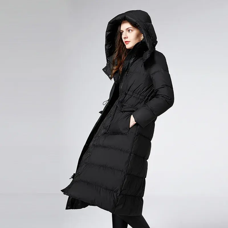 Sudaderas con capucha de esquí cálidas para mujer, abrigos de plumón de pato blanco, largos abrigos negros a prueba de viento de alta calidad, Invierno 2024