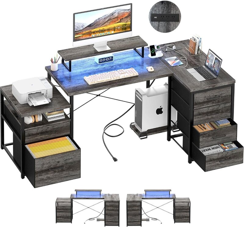 Meja berbentuk L dengan laci File, meja komputer bolak-balik 71 "dengan saluran keluar daya dan lampu LED pintar, Meja kantor besar