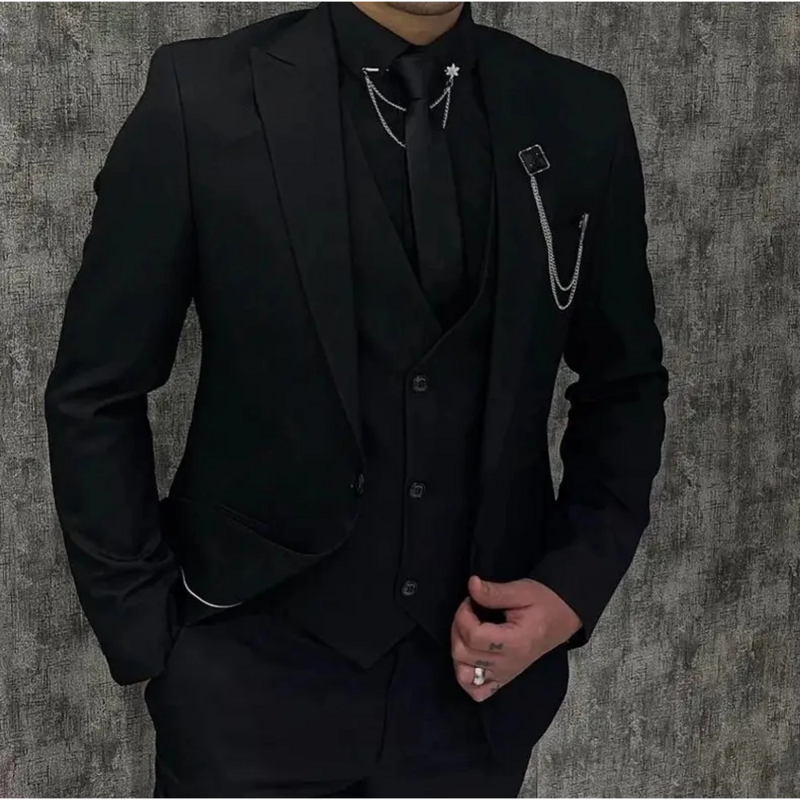 男性用のシックなラペル付きのフォーマルなブレザーセット,黒の男性用スーツ,結婚式用,3ピースの高品質の生地,1つのボタン