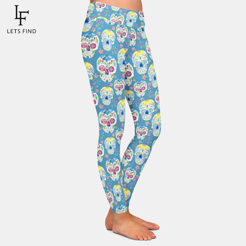 LETSFIND-Pantalones elásticos con estampado de calavera de azúcar para mujer, mallas ajustadas de cintura alta para Fitness, 2020
