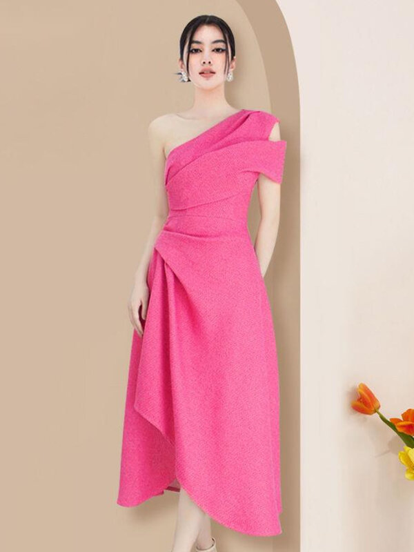 DEAT Elegant Dress One Shoulder High Waist  Solid Color Asymmetrical Pleated Women's Dresses 2024 Summer New Fashion 13DB3680