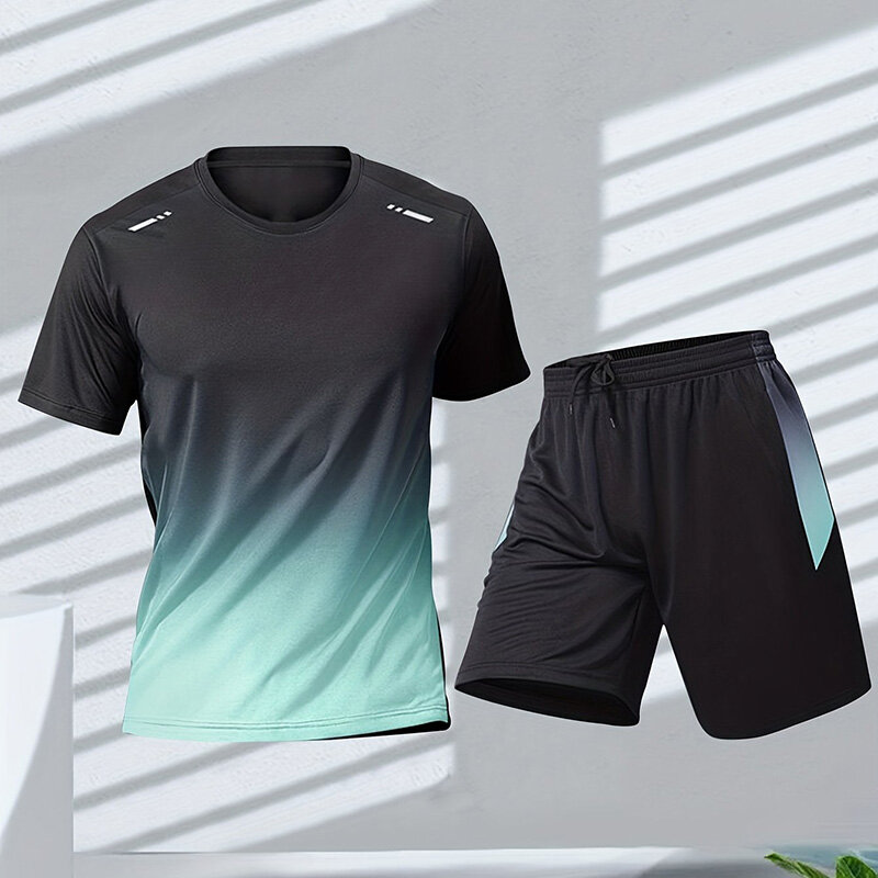 2023 New Summer Sportswear For Men Gradient Printing Badminton Suit Outdoor Running T-shirt Shorts Breathable Men's Sports Suit