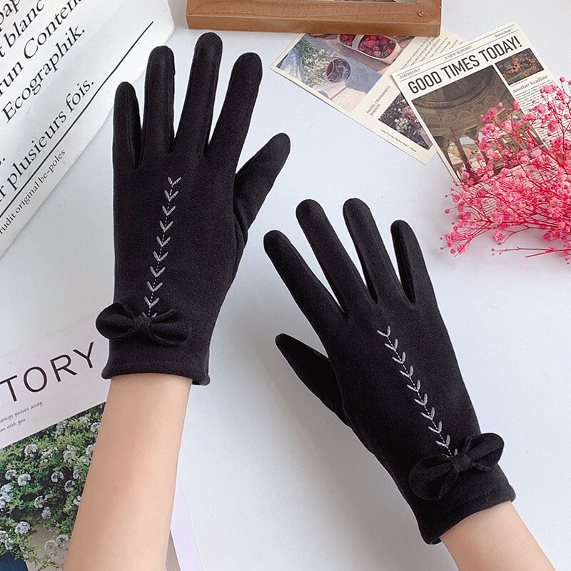 Winter Women Touch Screen Keep Warm Gloves Plus Velvet Thicken Bow Embroidery Fashion Personality Elegant Drive Windproof