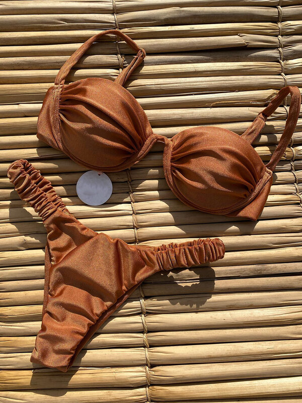 Bikini de realce para mujer, traje de baño Sexy, conjunto de Bikini brasileño, ropa de playa brillante sólida, 2024