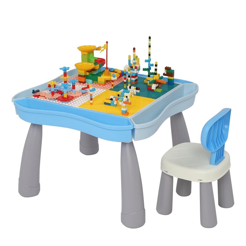 Stół z krzesłami dla dzieci Multi Activity to 1 stół + 1 krzesło z miejscem do przechowywania i 300 sztuk klocków kolorowych [US-Stock]
