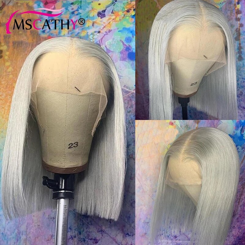 13x4 Short Bob HD Lace Front Wig Grey Colored Remy Human Hair Glueless Prepluck Pixie Cut Transparent Lace Frontal Wigs