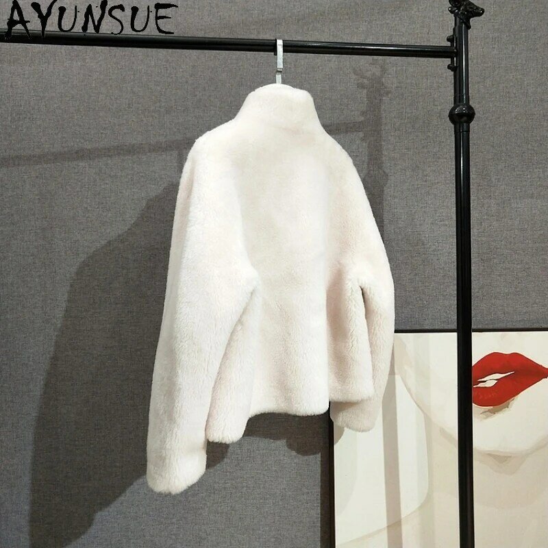 AYUNSUE-casaco curto de lã real feminino, jaqueta de parka, gola alta, jaquetas femininas, estilo quente, outono, inverno, 100%, 2023