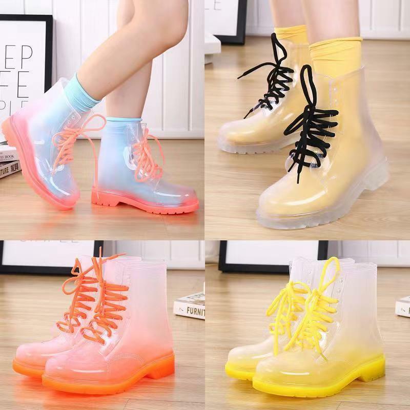 2023 New Women's Transparent Jelly Rain Shoes Soft Sole Non Slip High Top Lace Up Water Shoes Free Shipping Fashion Rubbers