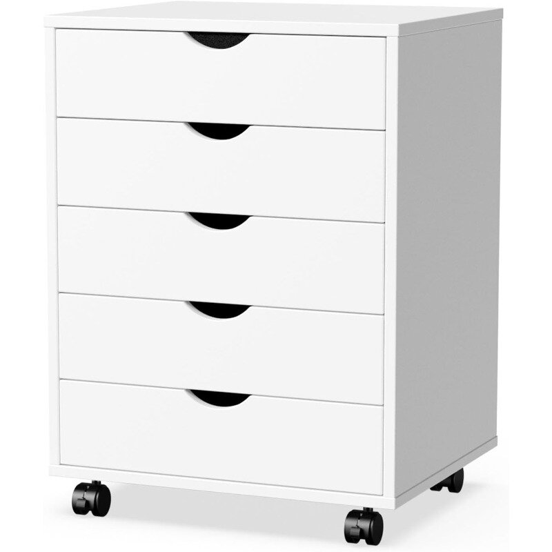 OLIXIS 5 Drawers, Wood File Cabinet Home Office Portable Mobile Storage, White, 15.75"D X 18.74"W X 25.39"H,  File Cabinet