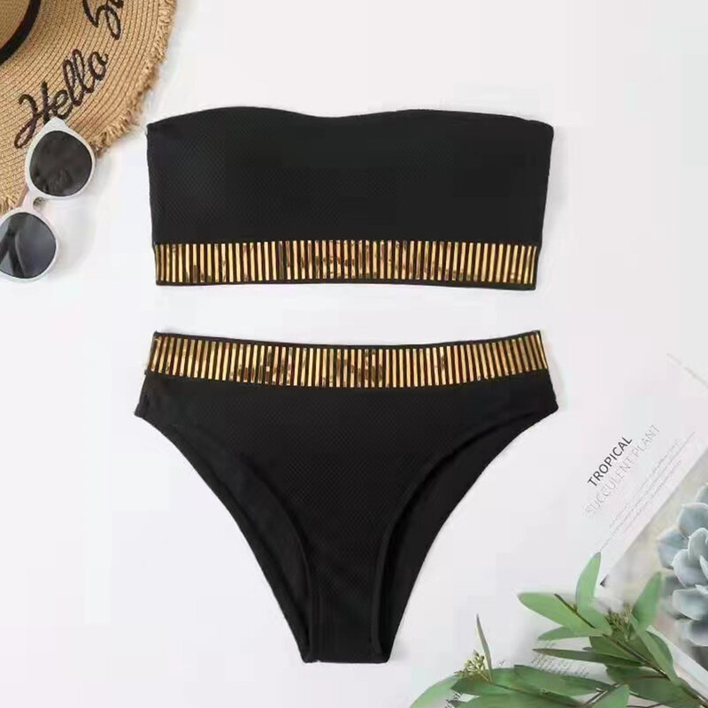 Pakaian renang Bikini Bandeau hitam seksi baru pakaian renang wanita pakaian renang pantai pinggang tinggi pakaian mandi Set Bikini Brasil kolam 2024