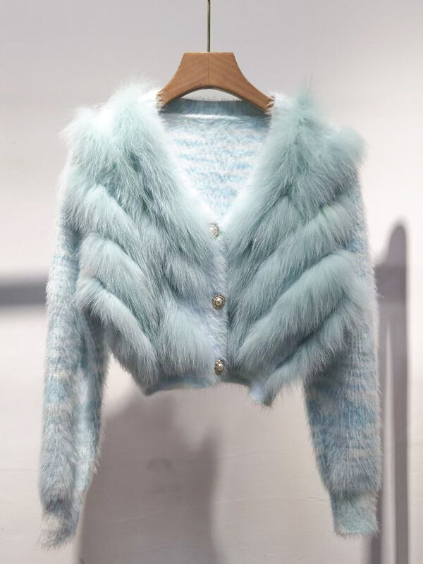 ZDFURS*Real Fox Fur Sweater Stitching Fur Female Short Cardigan Coat Sweater Furry 2023 New Spring and Autumn Tops