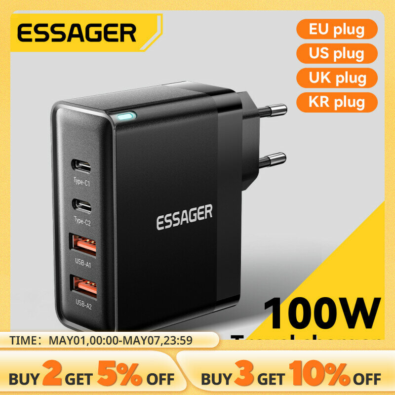 Essager-Adaptateur USB Type C, Charge Rapide, GaN, PD, QC, 100, 4.0, 3.0, Convient pour iPhone 14, 13, 12, Xiaomi, Macbook