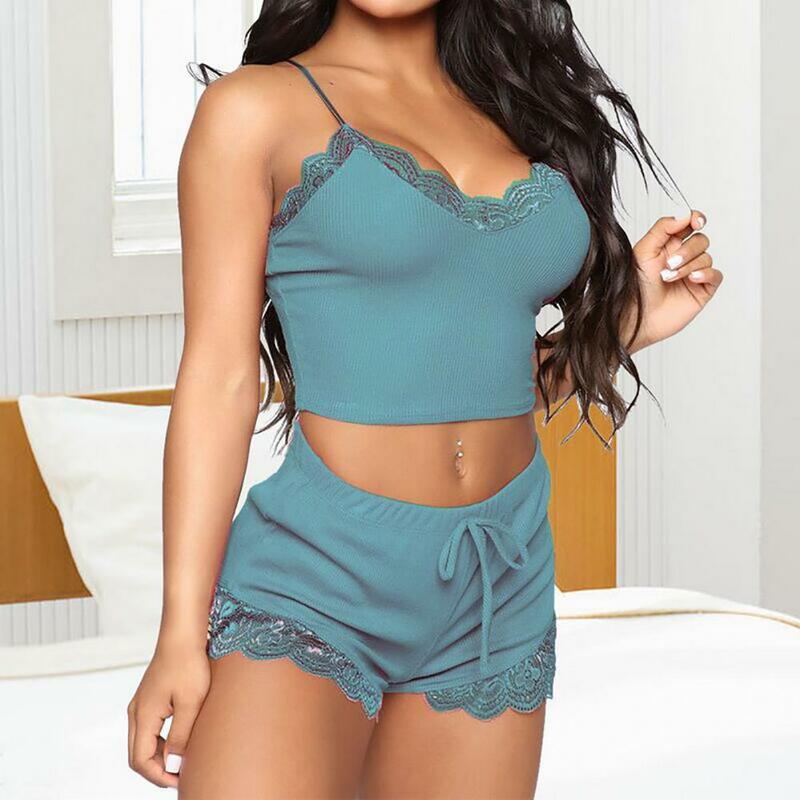 2 Stks/set Dames Pyjama Set Crop Top Shorts Kant Rand Effen Kleur Spaghettiband Sexy Zachte Mouwloze Dame Nachtkleding