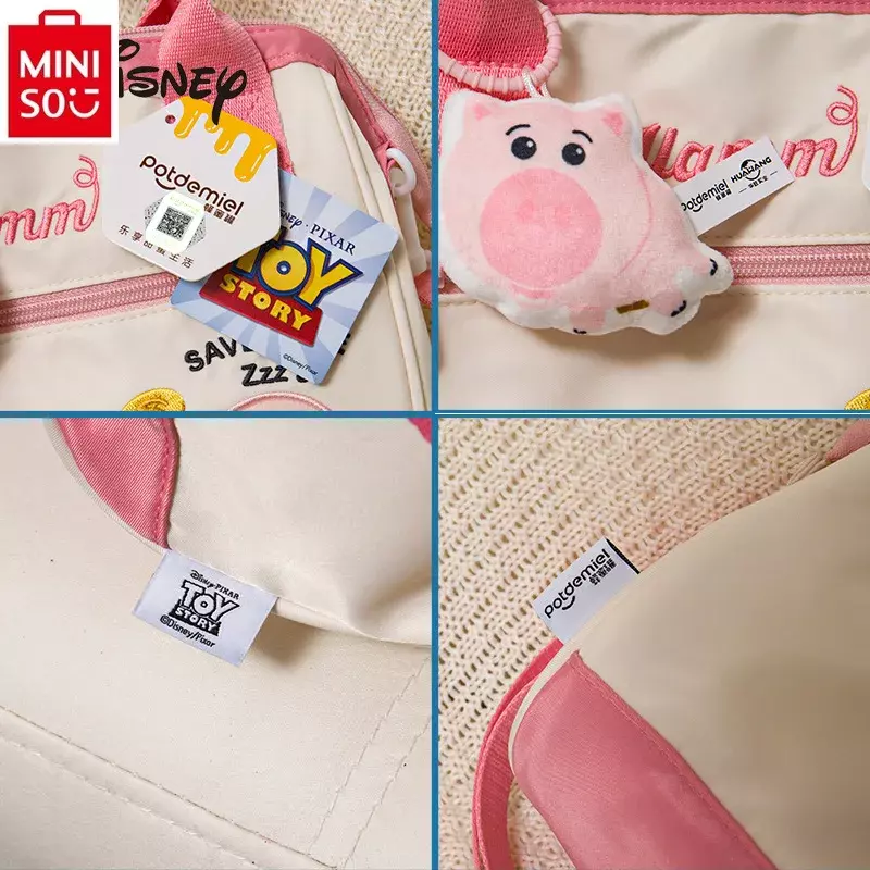 MINISO Disney-Bolso de mano de oso de fresa para estudiantes, bandolera de gran capacidad de alta calidad, bolsa de almacenamiento Simple y versátil