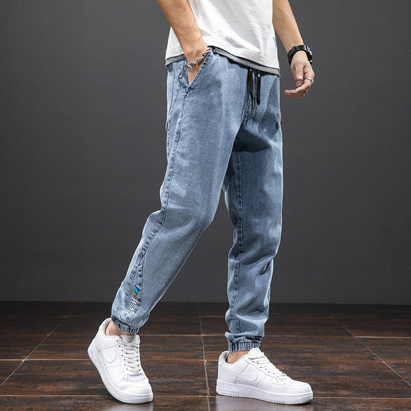 Summer Slim Drawstring Jeans Japan Harajuku Streetwear Denim Jeans Harlem Casual Joggers Men'S Men'S Seven Pants
