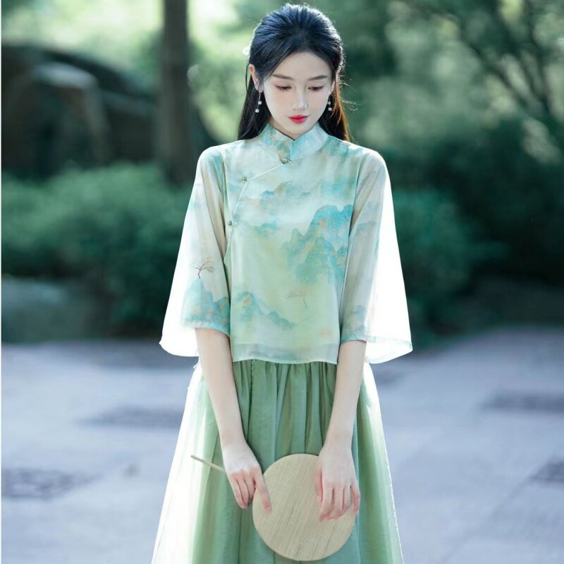 Nowy chiński styl Retro literacki pół spódniczka strój Tang dwuczęściowy zestaw z ulepszonym chińskim garniturem Zen herbacianym codzienny zestaw damski