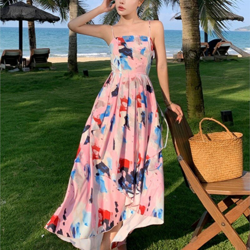 فستان شاطئ زهري بتصميم مناسب ، ملابس للعطلات ، حزام جو على شاطئ البحر ، جزيرة صيفية