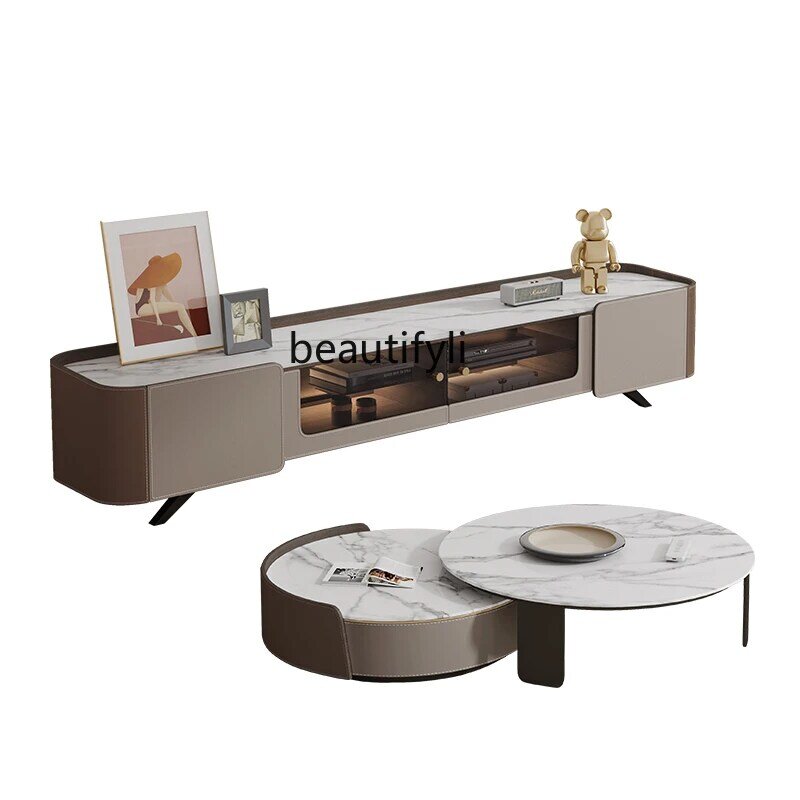 Włoskie lekkie luksusowe siodło skórzane stoliki do kawy połączenie szafki z telewizorem w nowoczesnym salonie proste deska kamienna światła