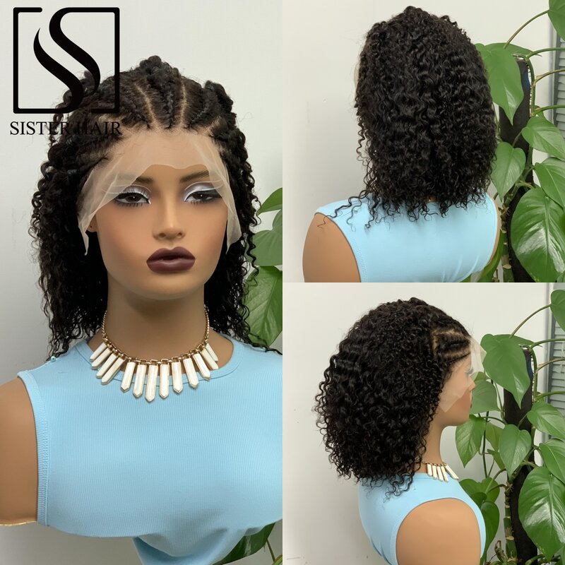 16 Inches 220% Density Jerry Curly Natural Color Human Hair Wig With Braids Transparent Lace Frontal Wig Brazilian Remy Hair Wig