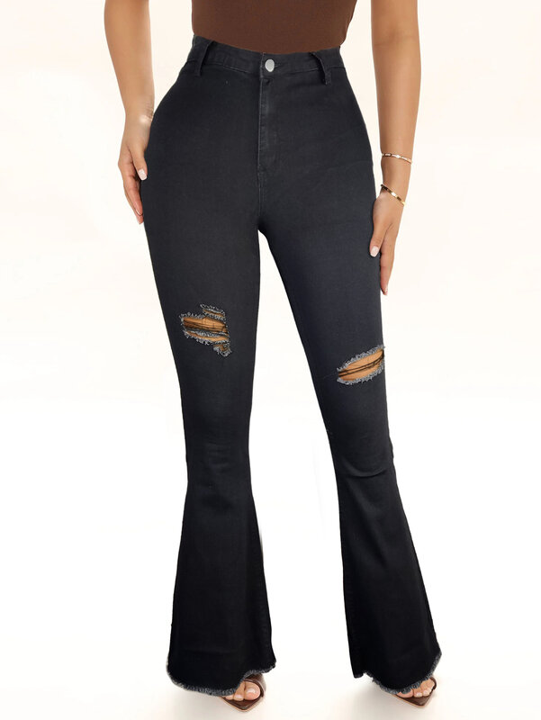 Pantalones de mezclilla perforados personalizados para mujer, pantalones de Micro Ragged, negro, moda de verano, nuevo