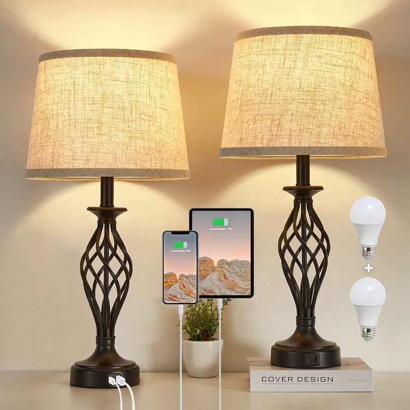 Table Lamp for Bedroom Set of 2 with USB C+A Ports, Modern Bedside Lamps with Spiral Cage Base, Fabric Shade, Nightstand