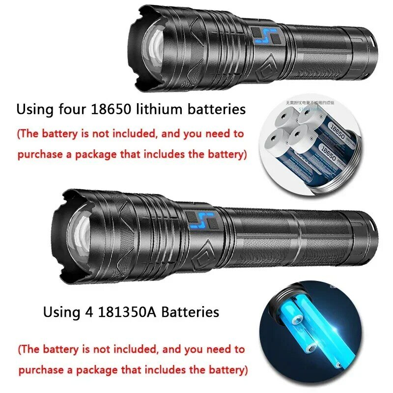 Torcia tattica Super luminosa GT60 LED Beads torcia potente a lungo raggio USB ricaricabile utilizzando 4 batterie 181350A 20800mah