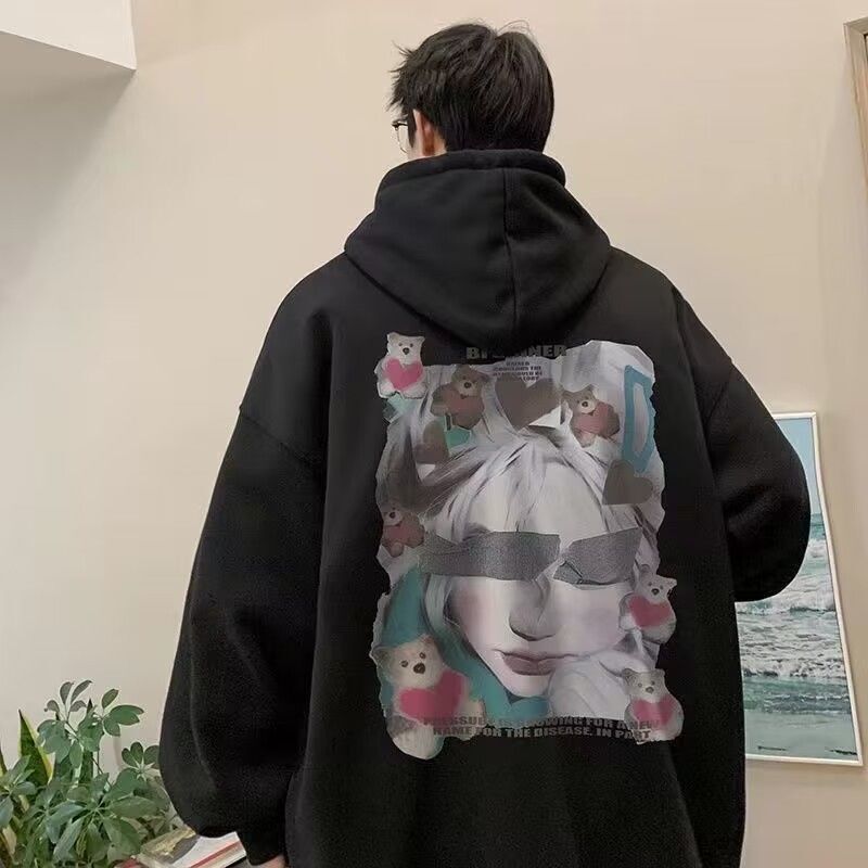 Nova impressão de grandes dimensões camisola com capuz de alta rua solta americano de pelúcia engrossado casais goth harajuku hoodies moletom feminino