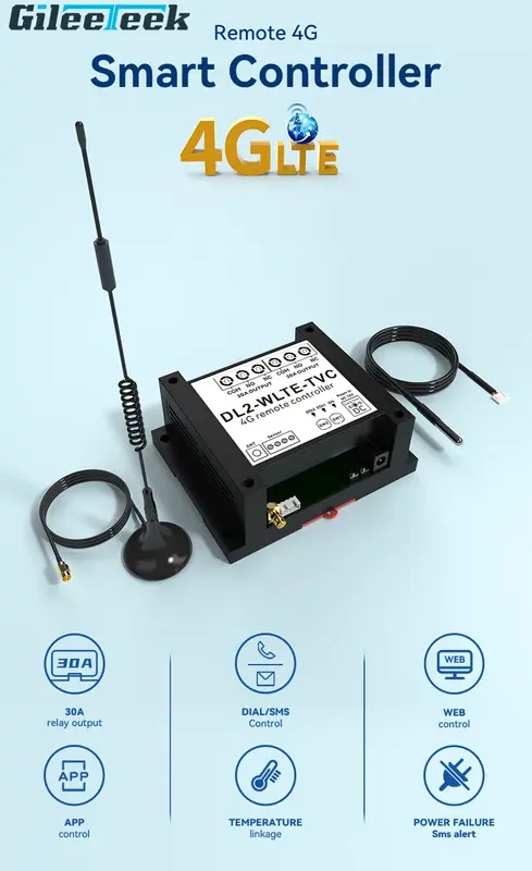 Controlador inteligente DL2-WLTE-TVC 4G LTE, interruptor de relé de gran potencia de 30a para Motor, Dial de encendido/apagado, SMS, aplicación WEB, Control de alarma de fallo de energía