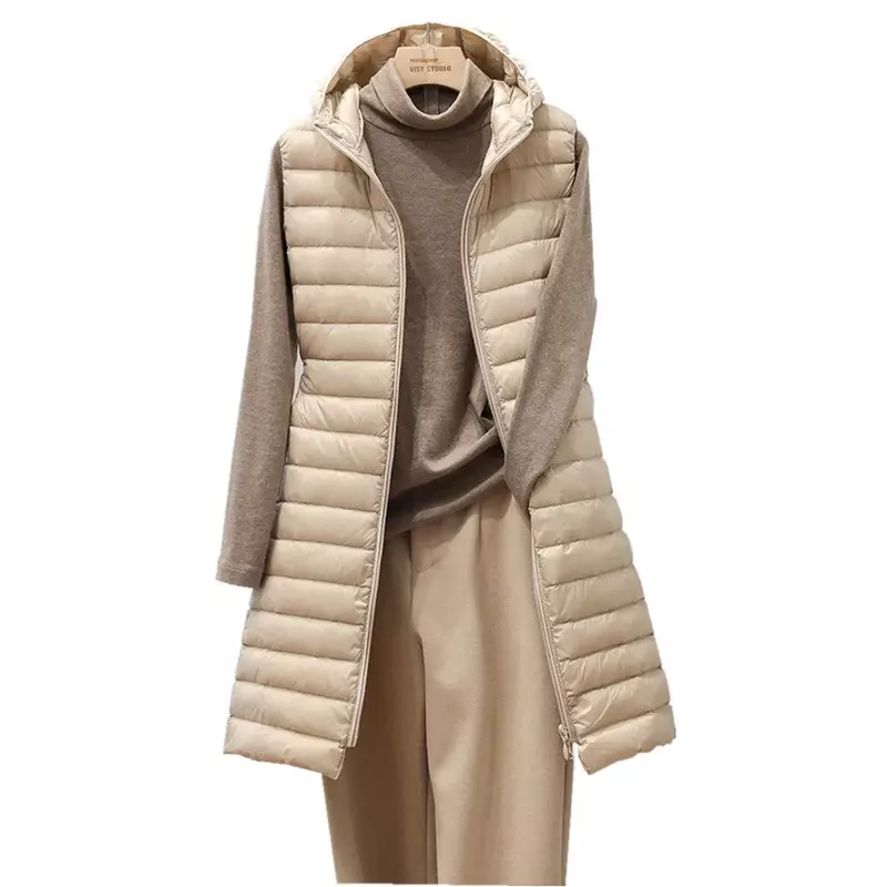 Chaqueta acolchada de plumón ligero con capucha para mujer, chaleco de algodón, medio largo, otoño e invierno, nuevo