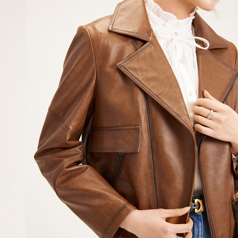 Texture Plant Blended pelle di pecora cappotto corto in vera pelle da moto per donna autunno fashion new jacket