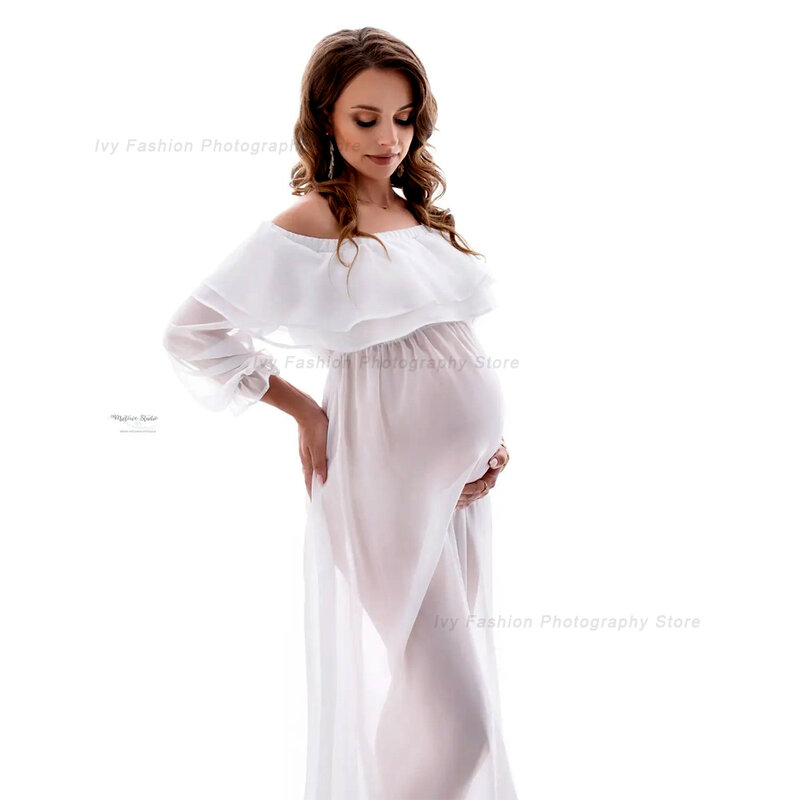 Gaun properti fotografi bersalin, Gaun pemotretan sifon lembut tembus cahaya, pakaian Tulle putih untuk wanita hamil hamil foto kehamilan