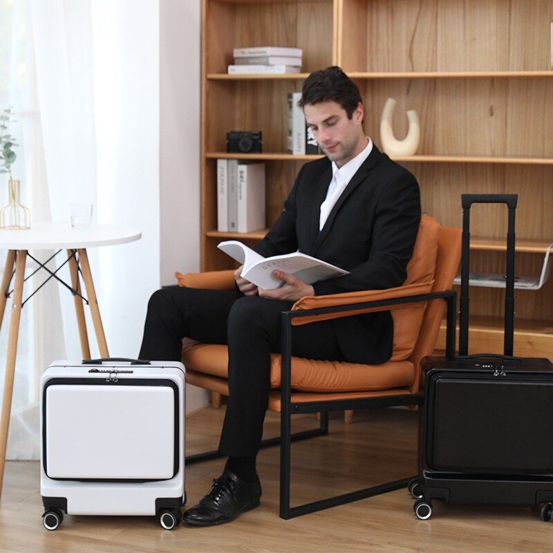 Casing pembawa bagasi bisnis, koper berpergian bingkai aluminium dengan pengisian daya USB 18 inci