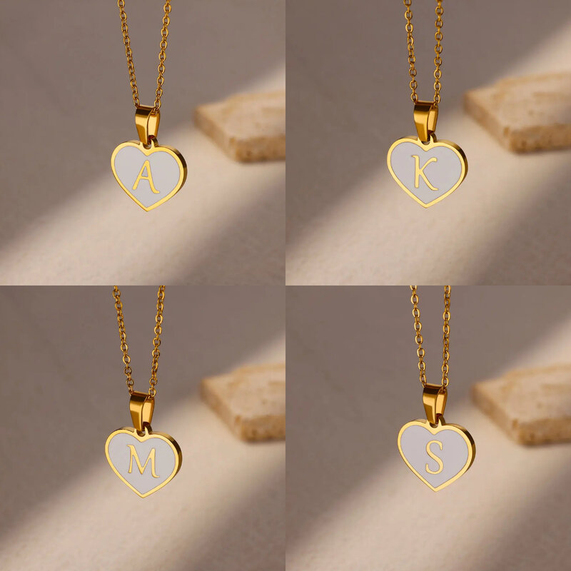 Kalung huruf inisial Hati baja tahan karat untuk wanita kalung liontin huruf A-Z Enamel tetesan minyak putih perhiasan ulang tahun BFF