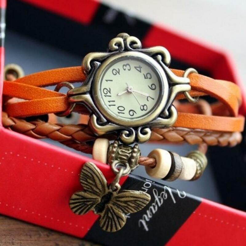 Mostrador relógio de pulso relógio multicamadas borboleta contas tecer envoltório corrente relógio feminino menina falso couro quartzo pulseiras pulseira