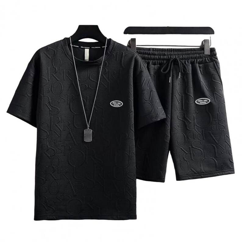 Summer Tshirt Shorts 2 Pieces Set Men Vintage Streetwear Short Sleeves Loose Letter Applique Drawstring Men Sets Short Outfits