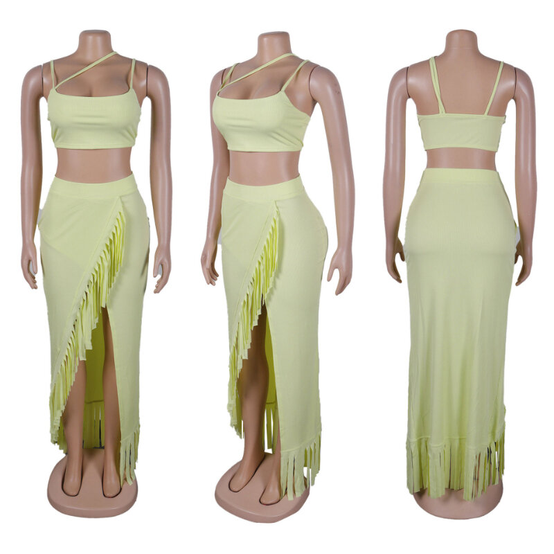 Sexy Tassel Maxi Dress Sets Womens 2 Piece Holiday Outfits Summer Club Party Crop Top and Long Skirts Conjuntos De Vestidos