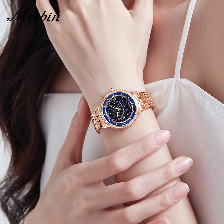นาฬิกาควอตซ์สำหรับผู้หญิงของแท้นาฬิกาแฟชั่นสายสแตนเลสเพชรสุดหรูนาฬิกาสำหรับผู้หญิงดาวบนท้องฟ้า