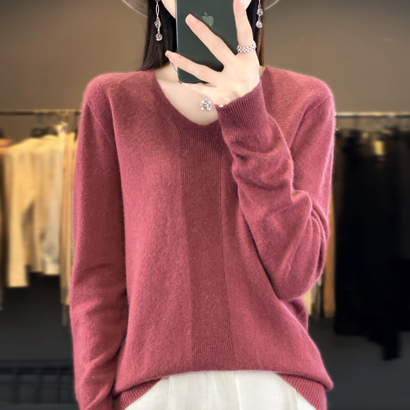 Pullover Sweater wol wanita, atasan dasar kerah V longgar warna polos kasual, Sweater wol musim semi/gugur