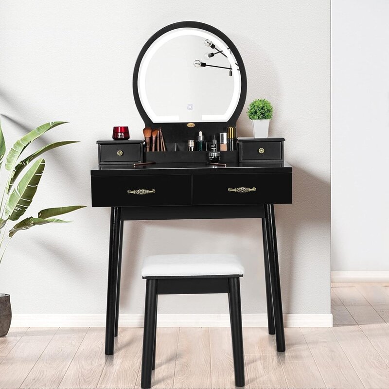 VIVOHOME-Ensemble de vanité avec miroir 4.2 à intensité variable, table de maquillage en spanTable avec portes de proximité, tabouret rembourré noir, 3 documents