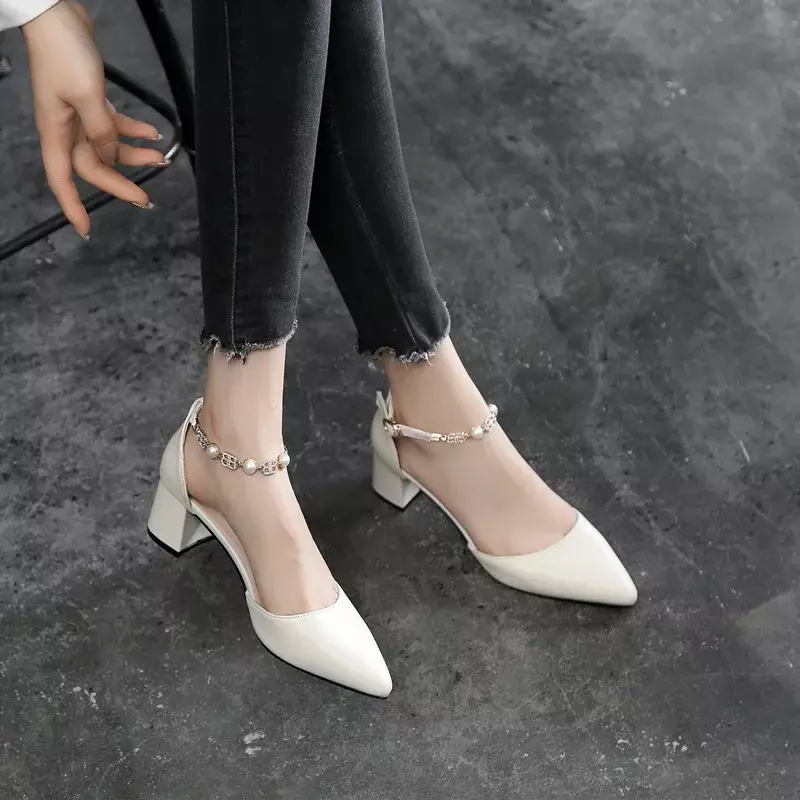 2024 New High-heeled Shoes Pointed Thick Heels Pumps Small Size Buckle Shoe Female Sandals Large Size