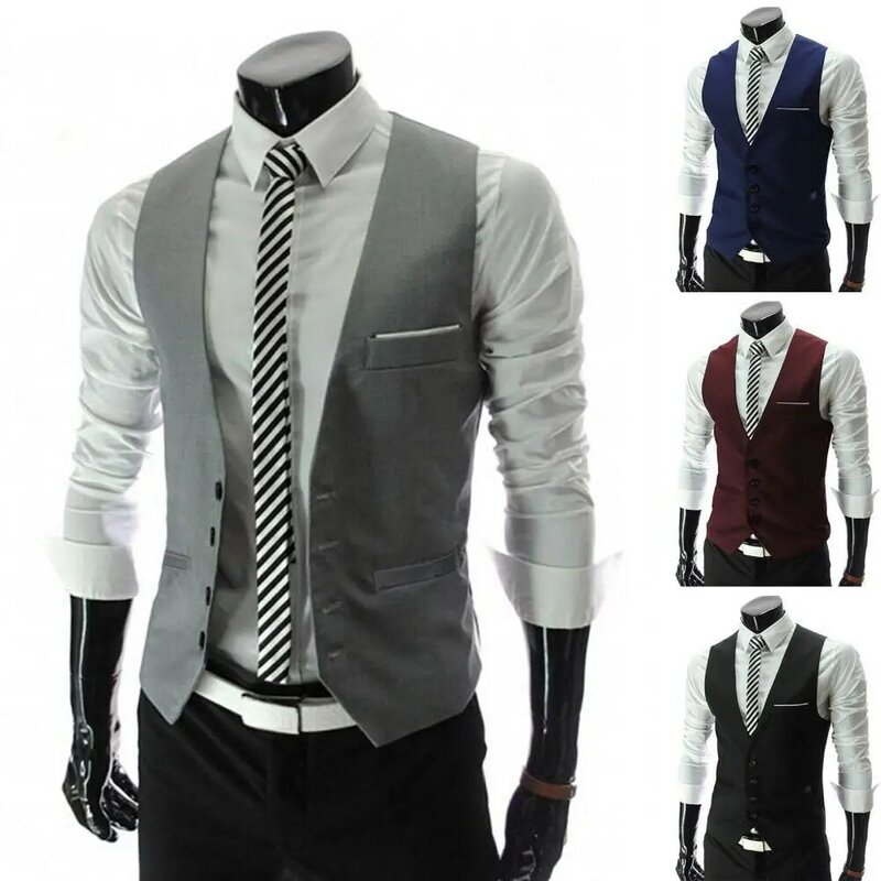 Chaleco Formal sin mangas para hombre, ropa de trabajo Simple, con bolsillos, Color sólido, para negocios